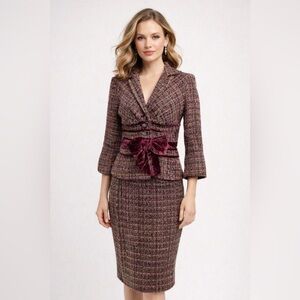 Vintage Kay Unger New York Tweed Blazer Jacket Suit with Skirt | Velvet Bow Sz 8